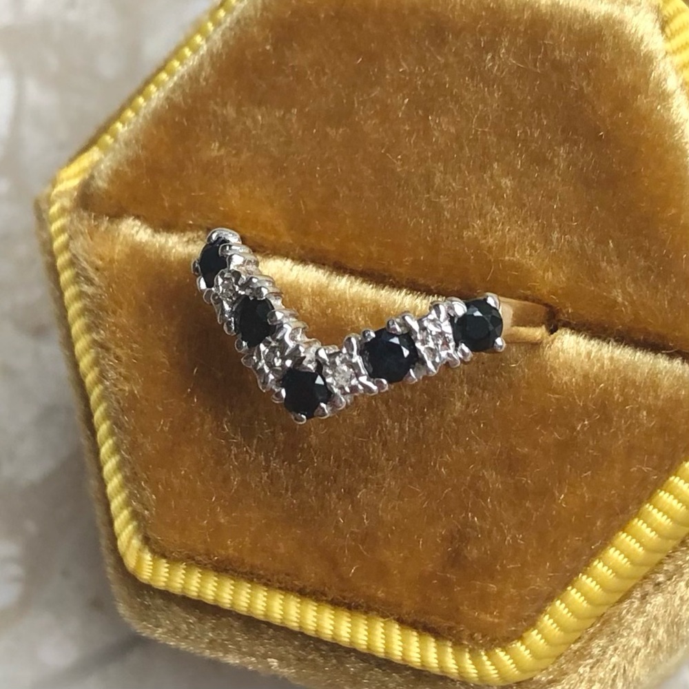 Sapphire Diamond Yellow Gold Wishbone V Curved Vintage Stacker Band Ring